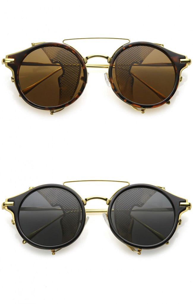Steampunk Double Crossbar Fold In Side Covers Round Flat Lens Horn Rimmed Sunglasses