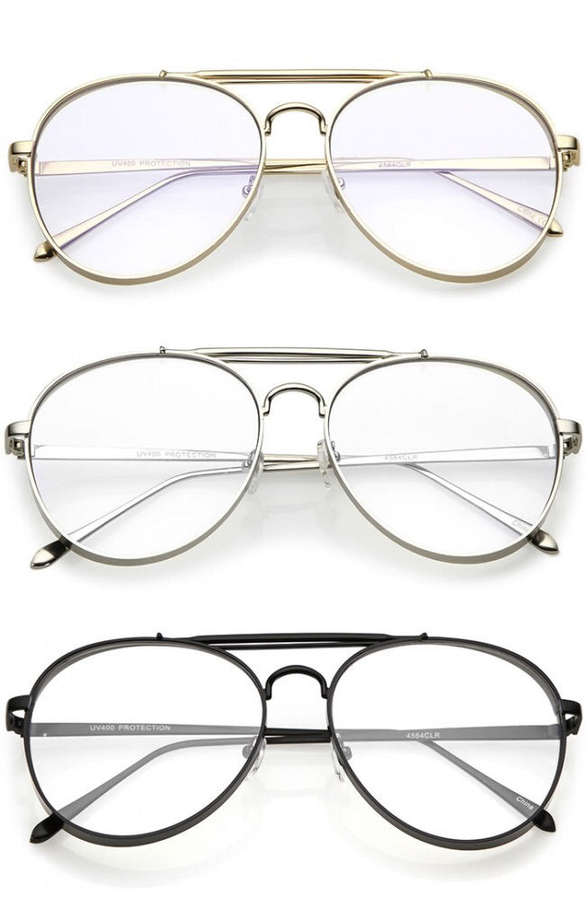 Oversize Metal Side Cover Triple Crossbar Clear Flat Lens Aviator Glasses