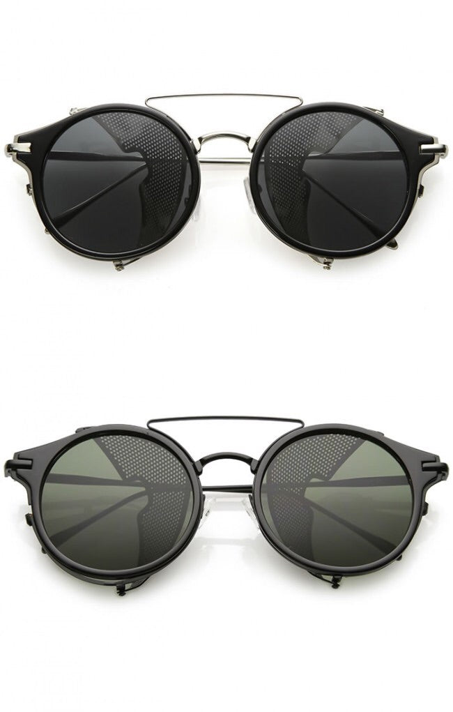 Steampunk Double Crossbar Fold In Side Covers Round Flat Lens Horn Rimmed Sunglasses