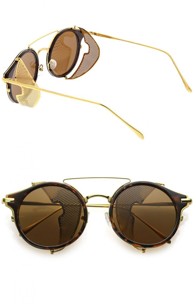 Steampunk Double Crossbar Fold In Side Covers Round Flat Lens Horn Rimmed Sunglasses