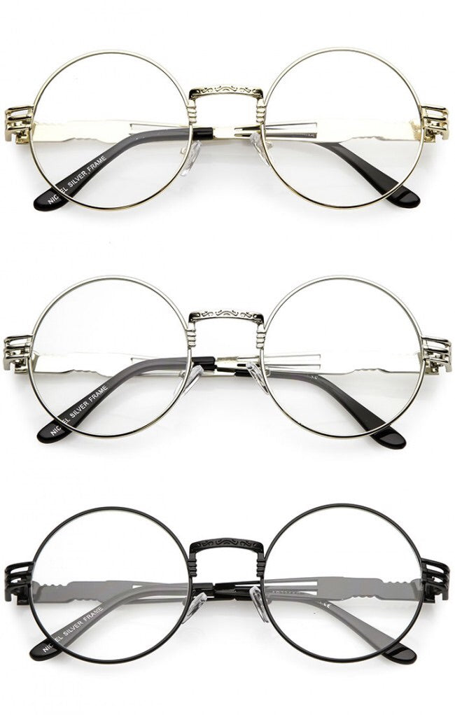 Classic Engraved Metal Arm Cutout Clear Flat Lens Round Eyeglasses