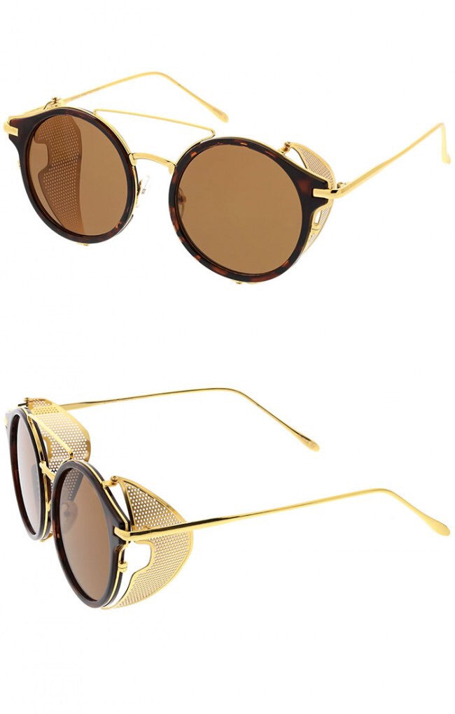 Steampunk Double Crossbar Fold In Side Covers Round Flat Lens Horn Rimmed Sunglasses